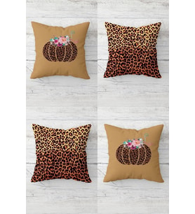 Balkabağı Ve Leopar Hallowen Desen Gizli Fermuarlı Kırlent Kılıfı Koltuk Yastık Kılıfı Takım(4adet) (Kahverengi)