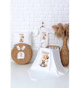 Pia Baby Premium %100 Pamuk Kişiye Özel Tulumlu Yenidoğan Bebek Hediye Seti 5063-03 (Ekru)
