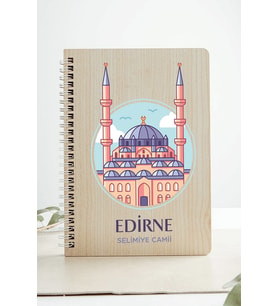 Edirne Selimiye Camii Şehir Tasarım Ahşap Kapaklı Defter Kraft Kağıt Özel Tasarm (Akçaağaç Rengi )