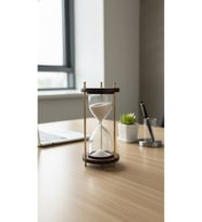 Ahşap Kaideli Dekoratif Kum Saati 14 cm Beyaz Kumlu Altın Rengi Metal Lüks Vintage Ofis Hediyelik