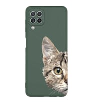 Samsung Galaxy M22 Uyumlu Lansman Kılıf Catface Tasarımlı İçi Kadife Kapak-Yeşil (Şeffaf)