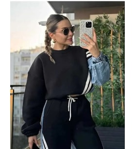 POLOPASS 027-Ust Kadın Penye Kot Denim Şeritli Sweatshirt