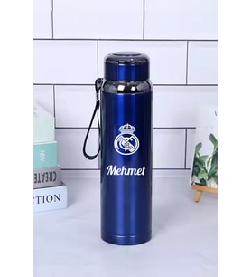 1 Litre Paslanmaz Çelik Takım Baskılı Termos  12 Saat Sıcak Soğuk Tutma  Dayanıklı Yapı (Mavi)