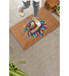 Valerine Life Renkli Tüyler ve Kuş Temalı Welcome Kapı Önü Paspası 45x70cm (Kahverengi)