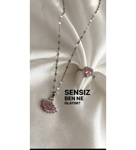 Çelik  Kuğu Kolye ve Kalpli Yüzük Set - En Güzel Hediye