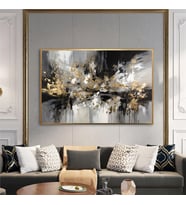 Yağlı Boya Dokulu Tablo Siyah Beyaz Gold Soyut Altın Çerçeveli U08038