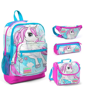 Coral High Pembe-Mavi Unicorn Baskılı Kız Çocuk 4'lü İlkokul Çanta Seti