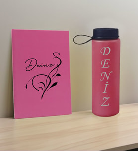 BK Gift Kişiye Özel İsimli Pembe Defter ve Fuşya Cam Matara Hediye Seti-6, Sevgiliye Hediye, Arkadaşa Hediye, Yeni İş Hediyesi