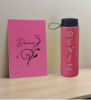 BK Gift Kişiye Özel İsimli Pembe Defter ve Fuşya Cam Matara Hediye Seti-6, Sevgiliye Hediye, Arkadaşa Hediye, Yeni İş Hediyesi