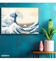 Gümüş Renk Metal Çerçeveli Tamperli Cam Tablo Hokusai Büyük Dalga Kanagawa Fuji Dağı Ukiyo-e Ressam Tablosu Duvar Dekoru