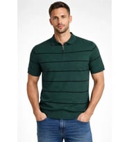 pilelistore- Erkek T-shirt Çizgili Triko Dokuma Kumaş Polo Yaka Yarım Fermuarlı Regular Kalıp Tişört (Çağla Yeşili)