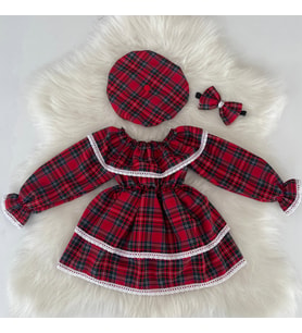 Moda Lina Baby Kırmızı Ekose Desenli Fırfırlı Elbise Şapka Bandana Takım