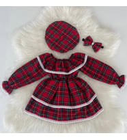 Moda Lina Baby Kırmızı Ekose Desenli Fırfırlı Elbise Şapka Bandana Takım