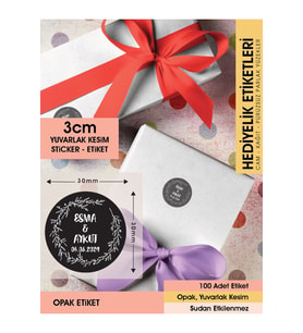 Çelenk Çiçek Motifli, Siyah Etiket Modeli Ürünlerinize Özel 3 Cm - 100 Adet Opak Sticker