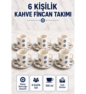 6 Kişilik Seramik Kahve Fincan Takımı Yuvarlak Sunum Tabaklı Porselen Türk Kahvesi Fincan Seti