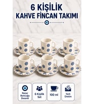 6 Kişilik Seramik Kahve Fincan Takımı Yuvarlak Sunum Tabaklı Porselen Türk Kahvesi Fincan Seti