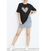 14 Şubat Sevgililer Günü Leopar Kalp Baskılı Oversize Bisiklet Yaka T-shirt - Siyah
