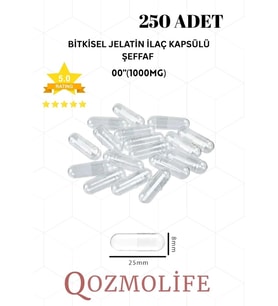 QOZMOLİFE Büyük Boy Şeffaf Bitkisel Jelatin Boş İlaç Kapsülü Helal Sertifikalı 00"1000mg (250 Adet)