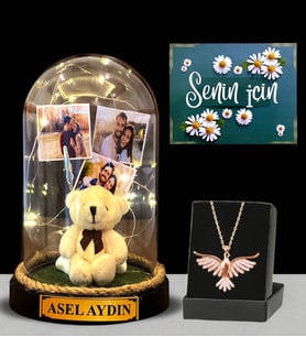 Premium Hediye Seti - Sizlere Özel Led Işıklı Fanus ve Zümrüdü Anka Kuşu Kolyesi (Model 1)