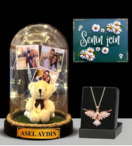 Premium Hediye Seti - Sizlere Özel Led Işıklı Fanus ve Zümrüdü Anka Kuşu Kolyesi (Model 1)