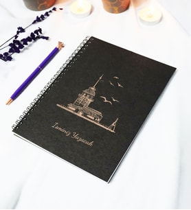 Kişiye Özel Kız Kulesi Temalı Siyah Kraft Kapaklı Defter - 45 Yaprak A5 (90 SAYFA) 15x21 Cm