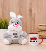 Kişiye Özel Vosvos Minibüs Tasarımlı Peluş Tavşan ve Kırmızı Kupa