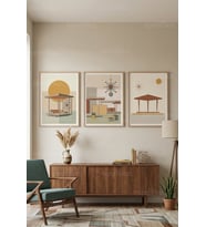 Mid-Century Modern Soyut Geometrik Mimari 3’lü Ahşap Çerçeveli Tablo Seti