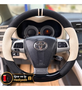 Toyota Auris E150 Dikme Direksiyon Kılıfı Delikli Deri Parlak Siyah Bej Detay Çift Yüzük ve Dikiş 2006-2012