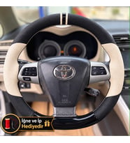 Toyota Auris E150 Dikme Direksiyon Kılıfı Delikli Deri Parlak Siyah Bej Detay Çift Yüzük ve Dikiş 2006-2012
