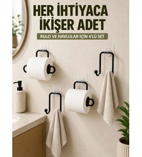 Yapışkanlı Banyo Düzenleme Seti 2 Rulo Tutucu 2 Havlu Askılığı 4 Parça