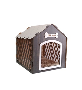 Süper Set Ahşap Desenli Köpek Evi-kulübesi Minder Ve Zincir Tasma Hediyeli (beyaz-rebab)