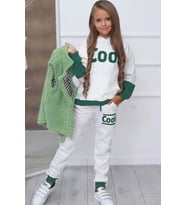 Kız Çocuk Cool Baskılı Kapüşonlu Sweatshirt ve Peluş Yelekli Yeşil Eşofman Takım