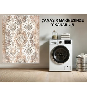 Makine Kaymaz Yıkanabilir Krem Bohem Salon Halısı Mutfak Halısı Koridor Halısı Yolluk 0374