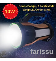 Güneş Enerjili, 7 Farklı Moda Sahip 10W LED Aydınlatma Solar Panelli Acil Durum  El Feneri