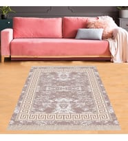Geometrik Çerçeveli Batik Desenli Yıkanabilir Kaymaz Taban Leke Tutmaz Modern Salon Halısı ve Yolluk (Bej)