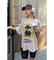 Unisex Special Agent Baskılı Oversize Tshirt (Bej)