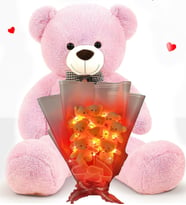 Hediye Sevgiliye 90cm Büyük Ayıcık ve Ledli 9 Ayıcıklı Ayıcık Buketi Peluş Set (Açık Pembe)