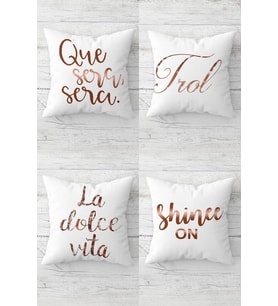 La Dolce Vita Shine On Yazılı Gizli Fermuarlı Kırlent Kılıfı Koltuk Yastık Kılıfı Takım(4adet) (Beyaz-Rose Gold)
