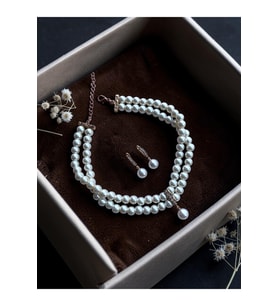 Zirkon Taşlı Tasma Choker İnci Kolye ve İnci Küpe Seti Düğün Nikah Kına