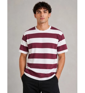 Erkek Çizgili Oversize Tişört Bisiklet Yaka Kısa Kol Yazlık T-Shirt - Bordo