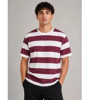 Erkek Çizgili Oversize Tişört Bisiklet Yaka Kısa Kol Yazlık T-Shirt - Bordo