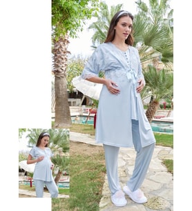 Bone Club 5605 Mavi V Yaka  3Lü Hamile Lohusa Pijama Sabahlık Tk