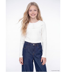 LCW Kids Ekru Bebe Yaka Nakışlı Kız Çocuk Tişört