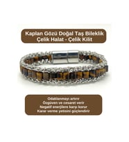 SERTİFİKALI Kaplan Gözü Doğal Taş Bileklik Çelik Halat Çelik Kilit