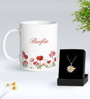 BK Gift Kişiye Özel İsimli Çiçek Tasarımlı Beyaz Kupa ve Papatya Kolye Hediye Seti - 9, Sevgiliye Hediye, Anneye Hediye, Arkadaşa Hediye