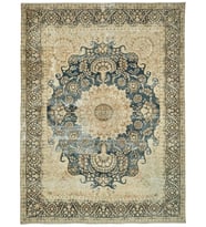 Lacivert Bej Madalyon Desenli El Dokuma Salon Halısı Vintage Eskitme Klasik Stil