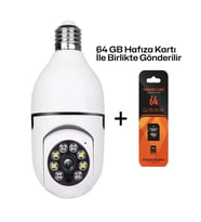ULTRATEKNO Gerçek 1080P FHD Ampul Kamera 360° Panoramik Ev Güvenlik Kamerası + 64GB Hafıza Kart (Beyaz)