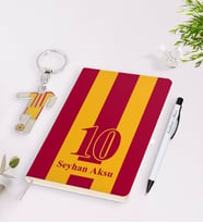 BK Gift Kişiye Özel Sarı-Kırmızı Tasarımlı İsimli Defter kalem ve Formalı Metal Anahtarlık Model 1
