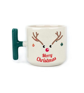 Merry Christmas Geyik Baskılı Yeşil Kulplu T Yılbaşı Kupası
