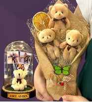 Sizlere Özel Led Işıklı Fanus ve Kahve Peluş Ayıcık Buketi - Premium Hediye Seti (Model 1)
